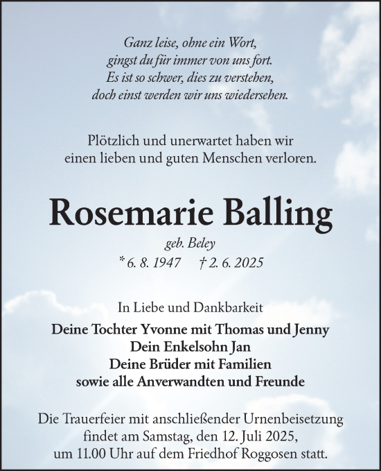 Traueranzeige von Rosemarie Balling von Lausitzer Rundschau