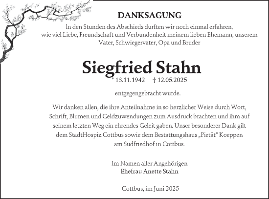 Traueranzeige von Siegfried Stahn von Lausitzer Rundschau