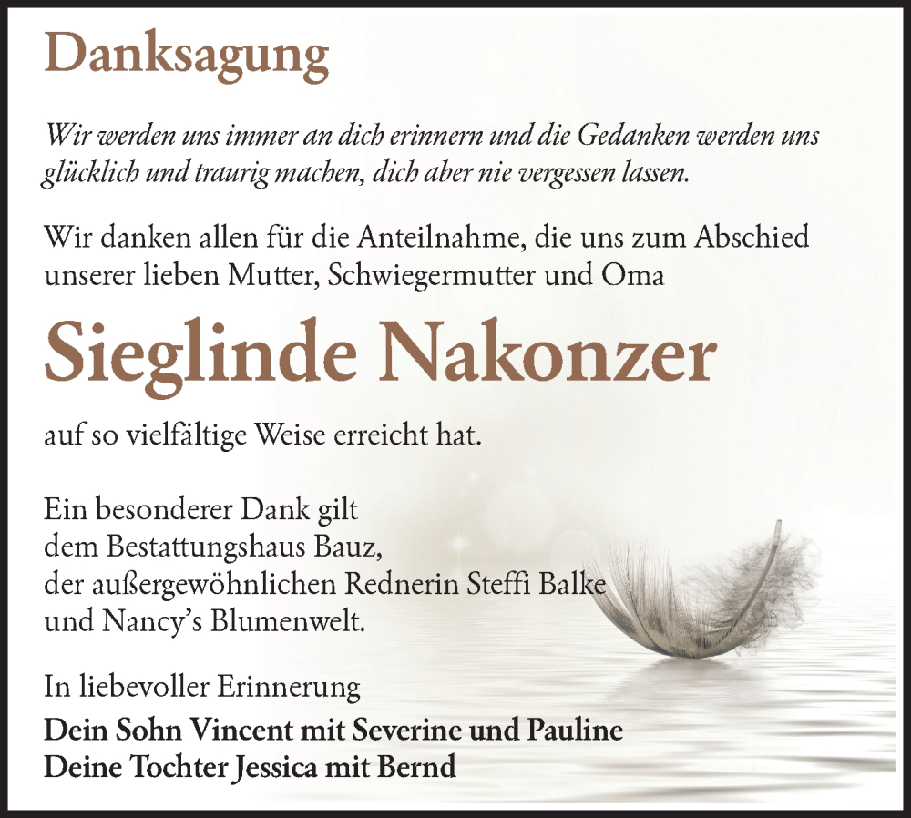  Traueranzeige für Sieglinde Nakonzer vom 28.06.2025 aus Lausitzer Rundschau