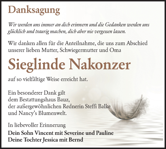 Traueranzeige von Sieglinde Nakonzer von Lausitzer Rundschau