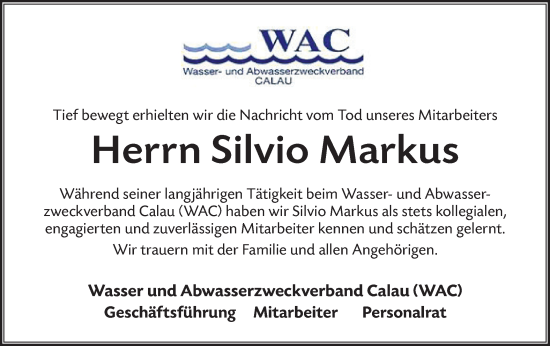 Traueranzeige von Silvio Markus von Lausitzer Rundschau