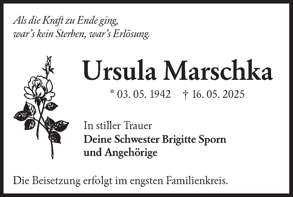  Traueranzeige für Ursula Marschka vom 14.06.2025 aus Lausitzer Rundschau
