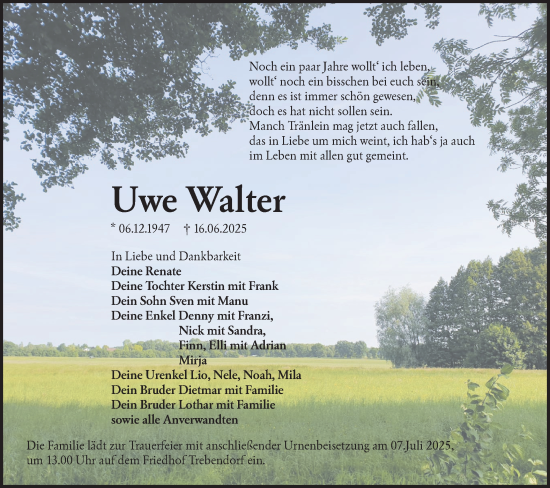 Traueranzeige von Uwe Walter von Lausitzer Rundschau