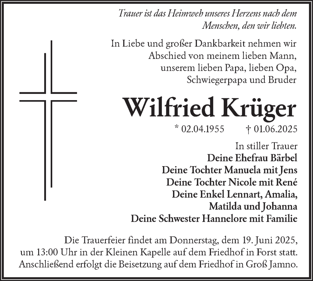  Traueranzeige für Wilfried Krüger vom 14.06.2025 aus Lausitzer Rundschau