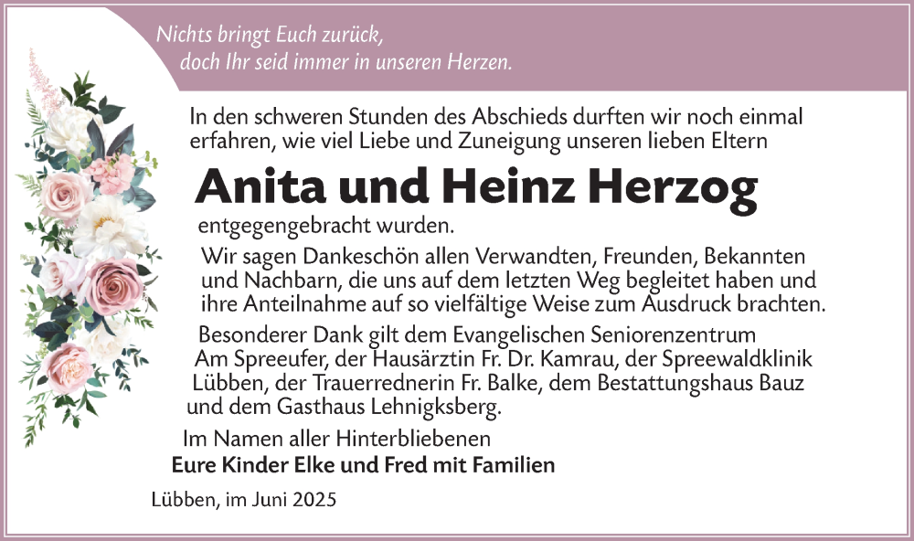  Traueranzeige für Anita und Heinz Herzog vom 05.07.2025 aus Lausitzer Rundschau