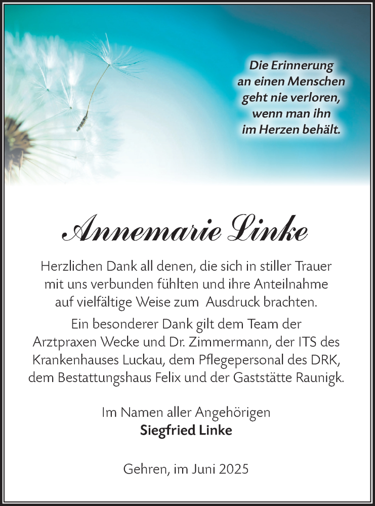  Traueranzeige für Annemarie Linke vom 05.07.2025 aus Lausitzer Rundschau