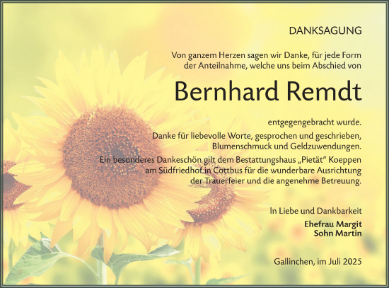 Traueranzeige von Bernhard Remdt von Lausitzer Rundschau