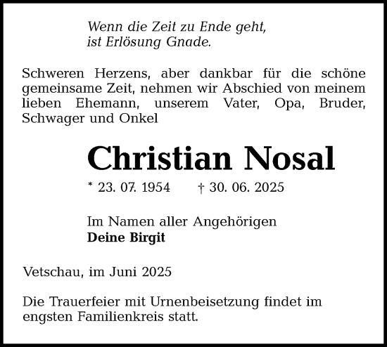 Traueranzeige von Christian Nosal von Lausitzer Rundschau