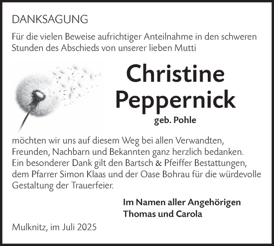 Traueranzeige von Christine Peppernick von Lausitzer Rundschau