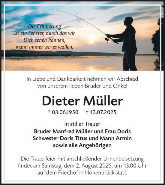 Traueranzeige von Dieter Müller von Lausitzer Rundschau