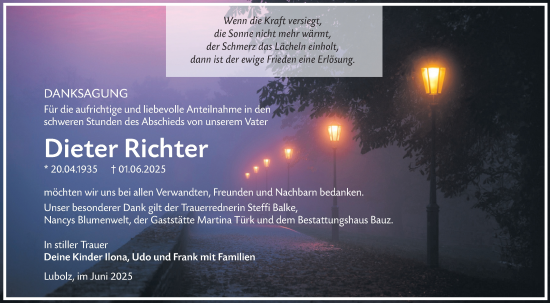 Traueranzeige von Dieter Richter von Lausitzer Rundschau