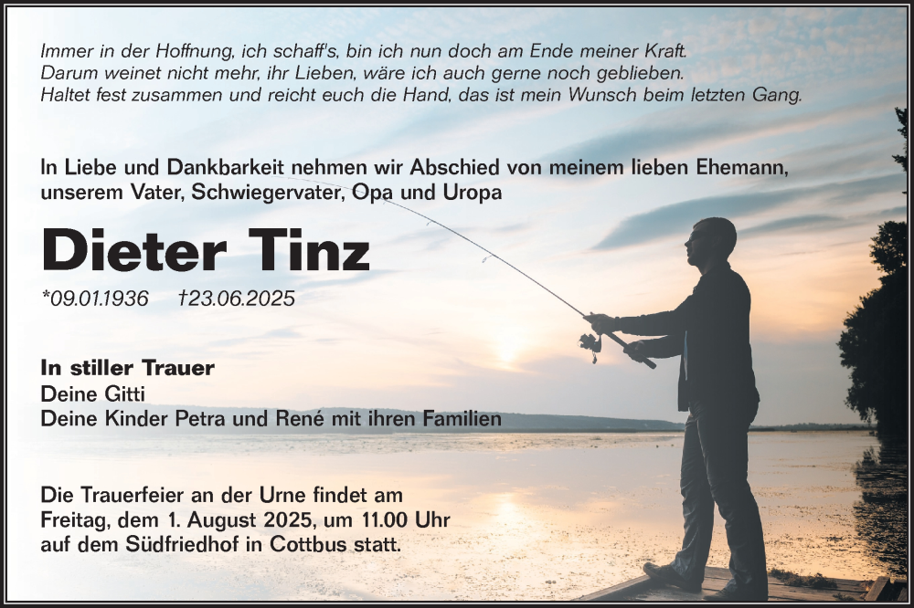 Traueranzeige für Dieter Tinz vom 26.07.2025 aus Lausitzer Rundschau