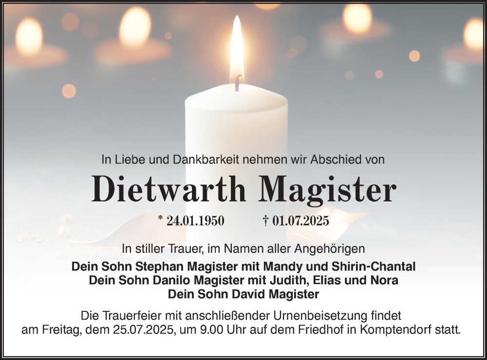  Traueranzeige für Dietwarth Magister vom 18.07.2025 aus Lausitzer Rundschau