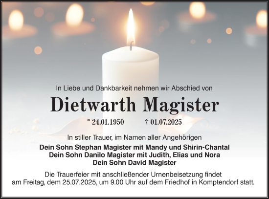 Traueranzeige von Dietwarth Magister von Lausitzer Rundschau