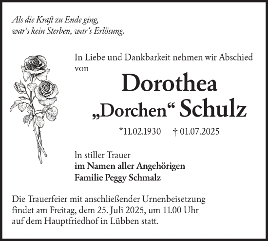 Traueranzeige von Dorothea Schulz von Lausitzer Rundschau