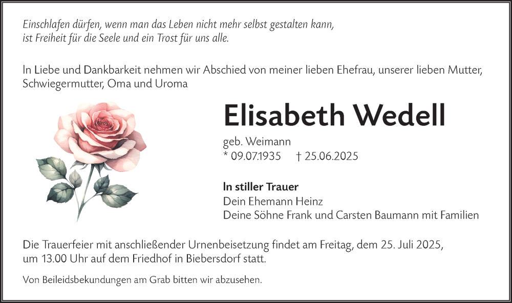  Traueranzeige für Elisabeth Wedell vom 12.07.2025 aus Lausitzer Rundschau