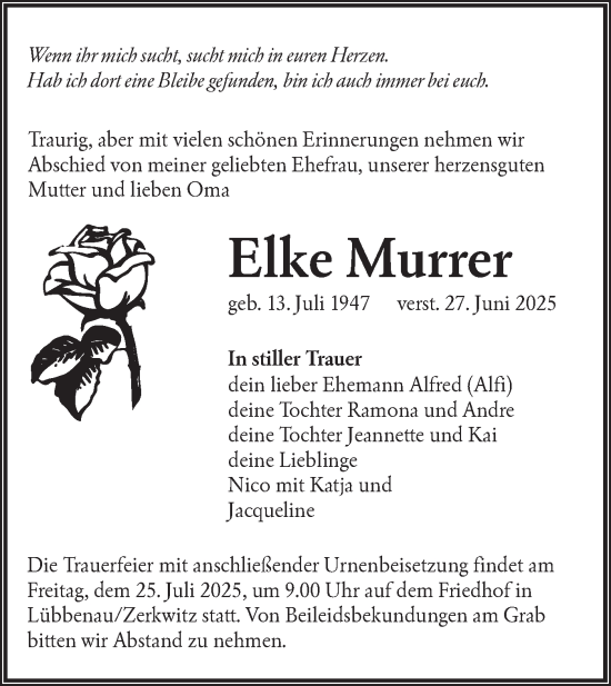 Traueranzeige von Elke Murrer von Lausitzer Rundschau