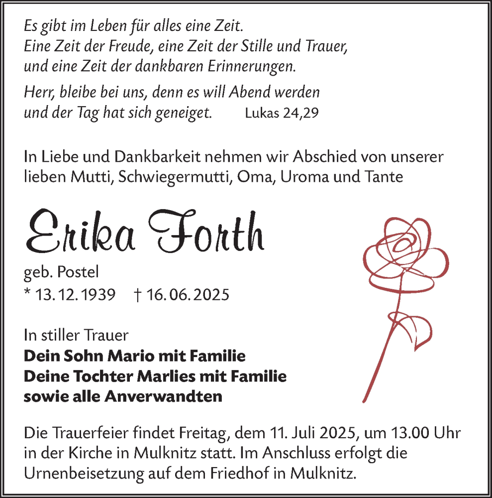  Traueranzeige für Erika Forth vom 05.07.2025 aus Lausitzer Rundschau
