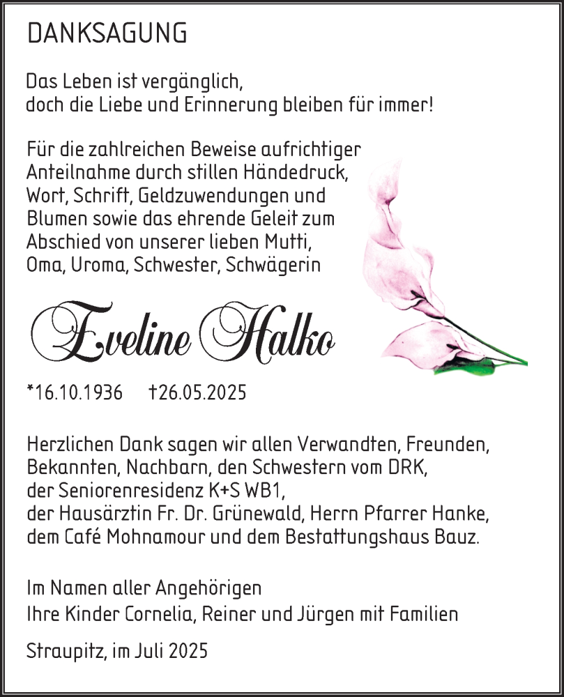  Traueranzeige für Eveline Halko vom 12.07.2025 aus Lausitzer Rundschau