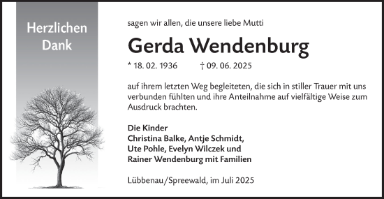Traueranzeige von Gerda Wendenburg von Lausitzer Rundschau