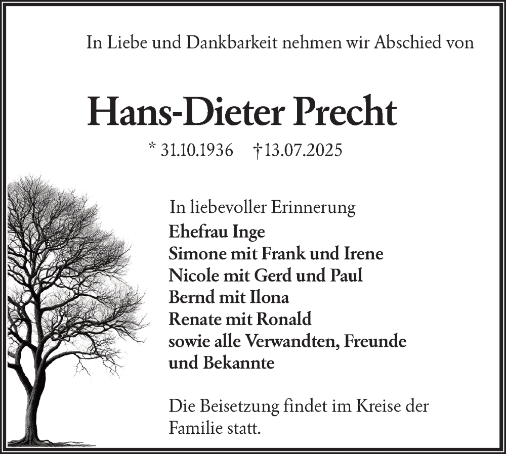  Traueranzeige für Hans-Dieter Precht vom 26.07.2025 aus Lausitzer Rundschau