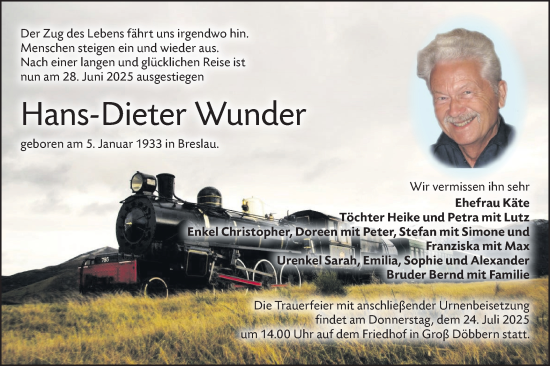 Traueranzeige von Hans-Dieter Wunder von Lausitzer Rundschau
