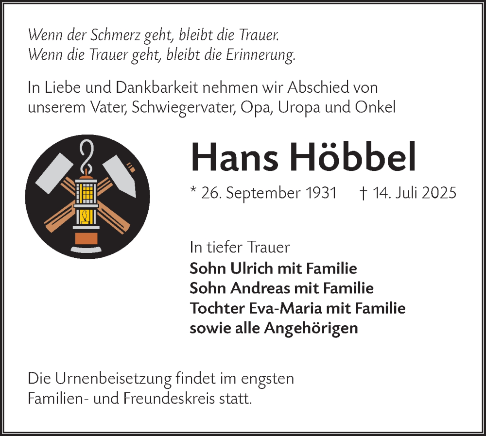  Traueranzeige für Hans Höbbel vom 19.07.2025 aus Lausitzer Rundschau