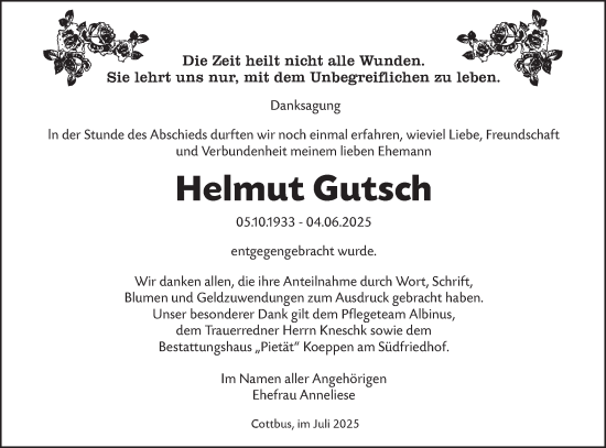 Traueranzeige von Helmut Gutsch von Lausitzer Rundschau