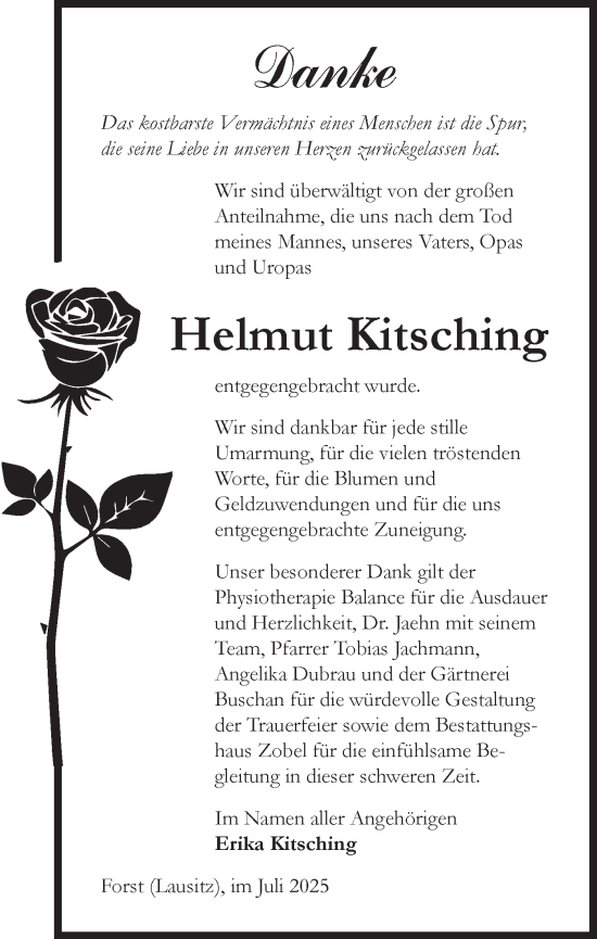 Traueranzeige von Helmut Kitsching von Lausitzer Rundschau