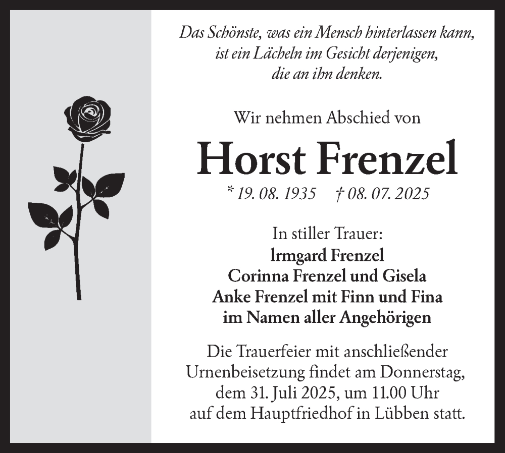  Traueranzeige für Horst Frenzel vom 19.07.2025 aus Lausitzer Rundschau