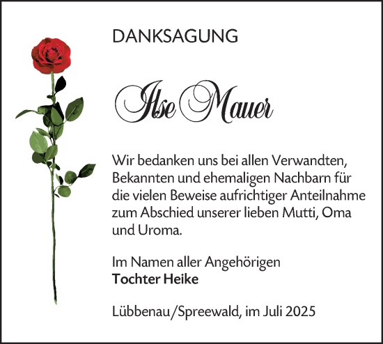Traueranzeige von Ilse Mauer von Lausitzer Rundschau