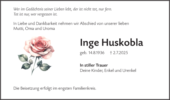 Traueranzeige von Inge Huskobla von Lausitzer Rundschau