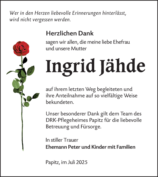 Traueranzeige von Ingrid Jähde von Lausitzer Rundschau