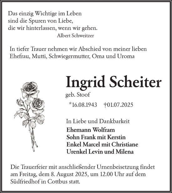 Traueranzeige von Ingrid Scheiter von Lausitzer Rundschau