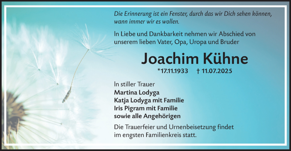  Traueranzeige für Joachim Kühne vom 19.07.2025 aus Lausitzer Rundschau
