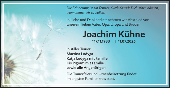 Traueranzeige von Joachim Kühne von Lausitzer Rundschau