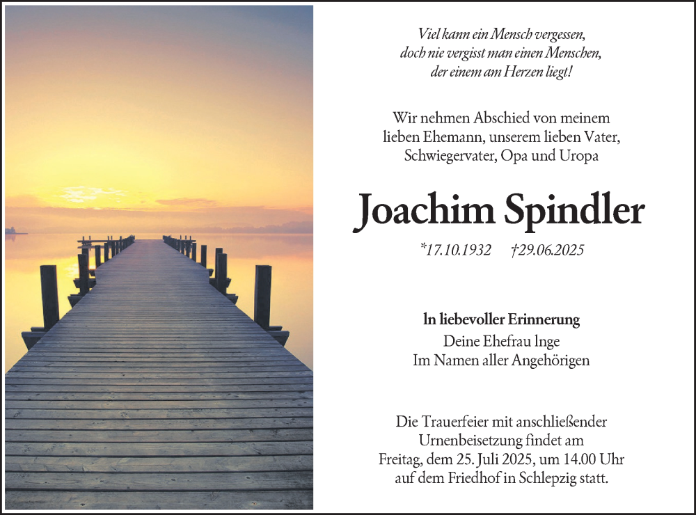  Traueranzeige für Joachim Spindler vom 12.07.2025 aus Lausitzer Rundschau