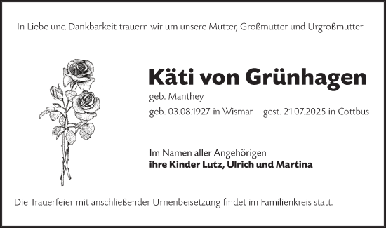 Traueranzeige von Käti von Grünhagen von Lausitzer Rundschau