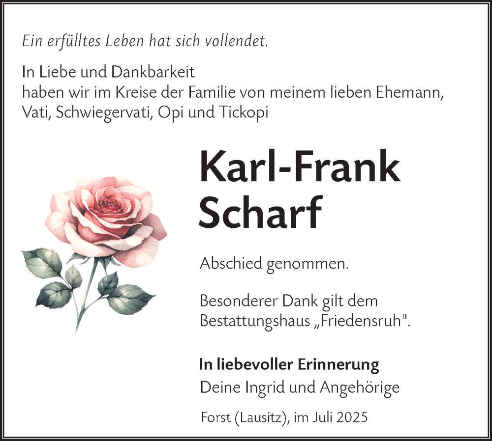  Traueranzeige für Karl-Frank Scharf vom 26.07.2025 aus Lausitzer Rundschau
