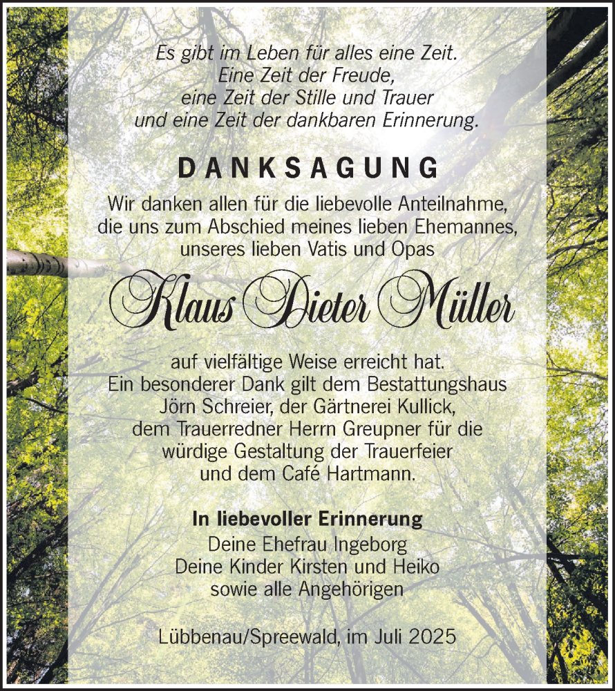  Traueranzeige für Klaus Dieter Müller vom 12.07.2025 aus Lausitzer Rundschau