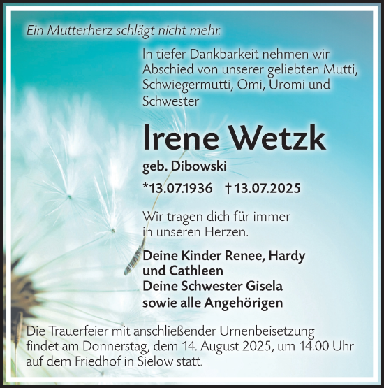 Traueranzeige von lrene Wetzk von Lausitzer Rundschau