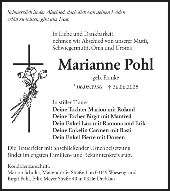Traueranzeige von Marianne Pohl von Lausitzer Rundschau