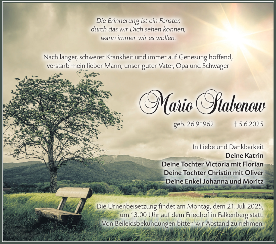 Traueranzeige von Mario Stabenow von Lausitzer Rundschau
