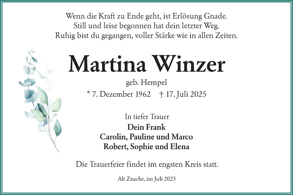  Traueranzeige für Martina Winzer vom 26.07.2025 aus Lausitzer Rundschau