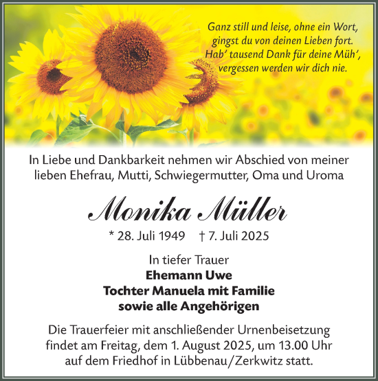 Traueranzeige von Monika Müller von Lausitzer Rundschau