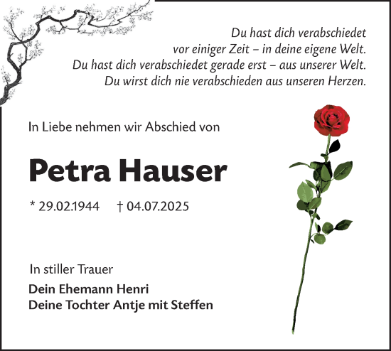 Traueranzeige von Petra Hauser von Lausitzer Rundschau