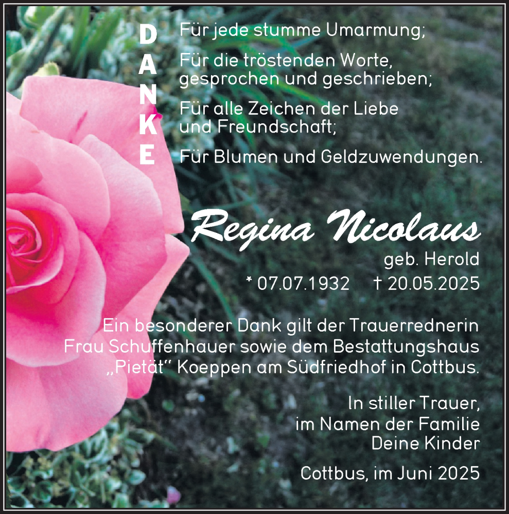  Traueranzeige für Regina Nicolaus vom 05.07.2025 aus Lausitzer Rundschau
