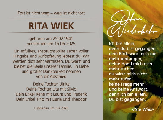 Traueranzeige von Rita Wiek von Lausitzer Rundschau