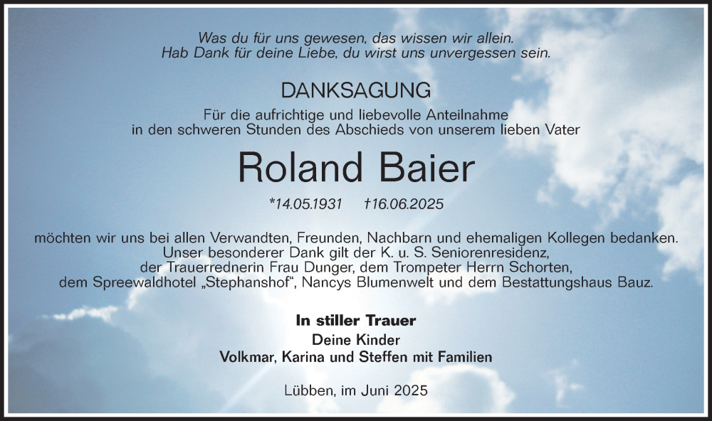  Traueranzeige für Roland Baier vom 05.07.2025 aus Lausitzer Rundschau