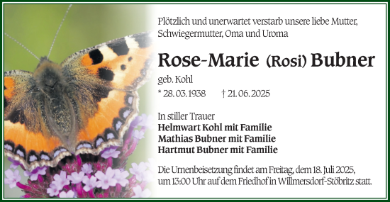 Traueranzeige von Rose-Marie Bubner von Lausitzer Rundschau